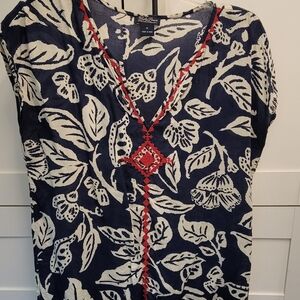 Lucky Brand Blue Cap Sleeve Graphic Blouse